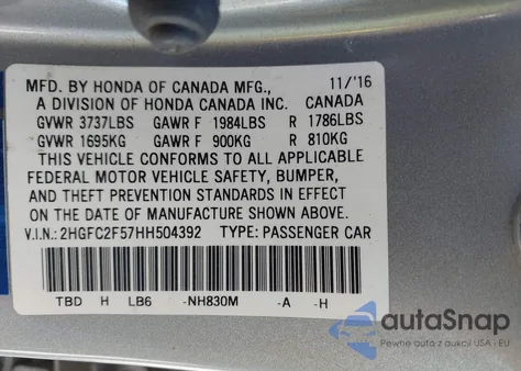 2017 Honda Civic Lx из США, поврежденный, VIN 2HGFC2F57HH504392